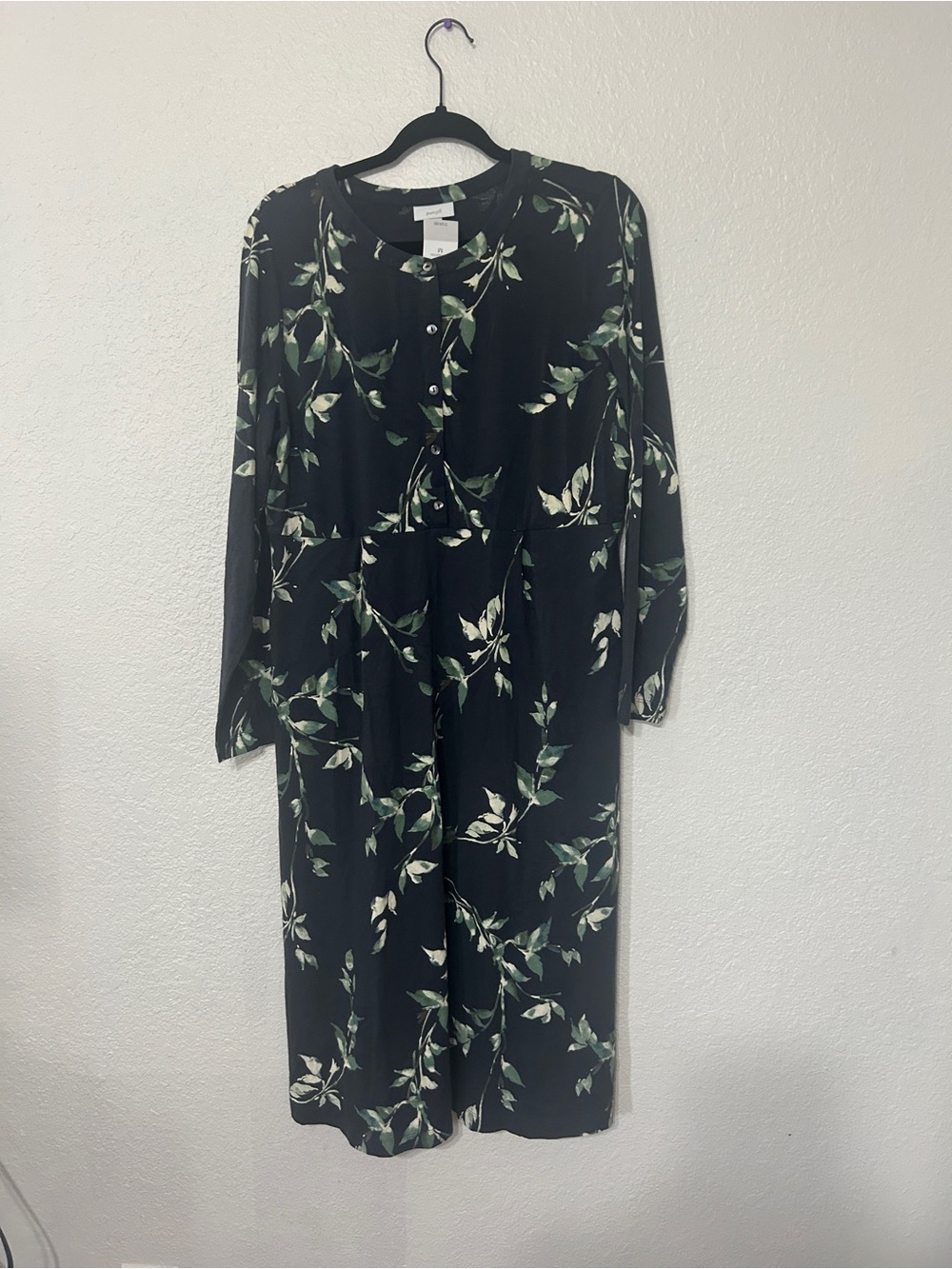 Black Floral Midi Dress with Green Leaf Print - Picture 2 of 4